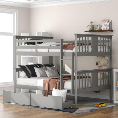 homeroots bed & bath Modern Gray Full Over Full Bunk Bed with Two Drawers 