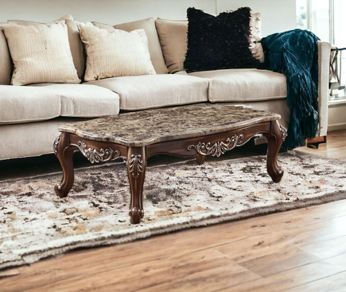 homeroots living room 57" Antique Oak And Brown Marble Faux Marble Rectangular Coffee Table  homeroots living room 57" Antique Oak And Brown Marble Faux Marble Rectangular Coffee Table