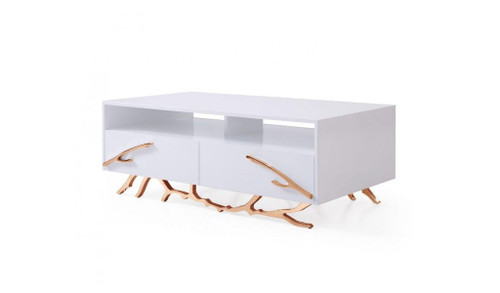 homeroots living room 51" Rosegold And White Rectangular Coffee Table With Two Drawers And Two Shelves  homeroots living room 51" Rosegold And White Rectangular Coffee Table With Two Drawers And Two Shelves