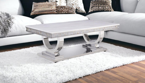 homeroots living room 51" Silver And White Artificial Marble Rectangular Mirrored Coffee Table  homeroots living room 51" Silver And White Artificial Marble Rectangular Mirrored Coffee Table