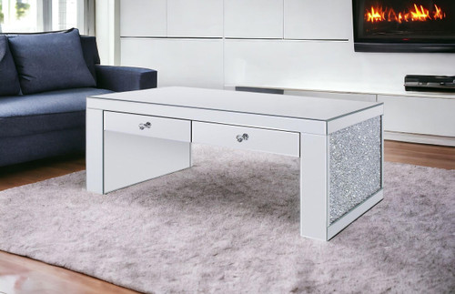 homeroots living room 48" Mirrored Mirrored Rectangular Mirrored Coffee Table With Two Drawers  homeroots living room 48" Mirrored Mirrored Rectangular Mirrored Coffee Table With Two Drawers
