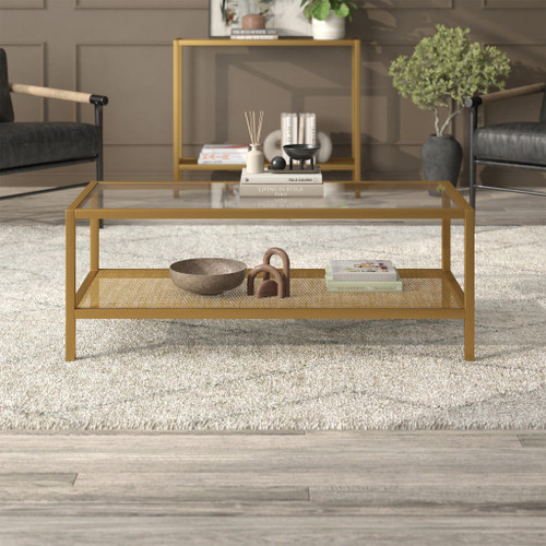 homeroots living room 45" Gold Glass Rectangular Coffee Table With Shelf  homeroots living room 45" Gold Glass Rectangular Coffee Table With Shelf