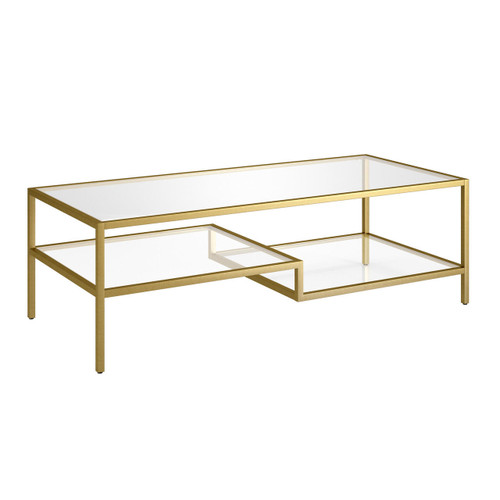 homeroots living room 54" Gold and Glass Rectangular Coffee Table With Two Shelves  homeroots living room 54" Gold and Glass Rectangular Coffee Table With Two Shelves