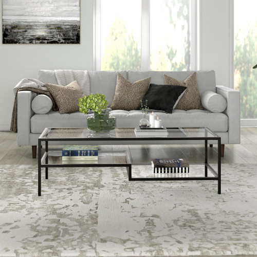 homeroots living room 54" Black and Glass Rectangular Coffee Table With Two Shelves  homeroots living room 54" Black and Glass Rectangular Coffee Table With Two Shelves