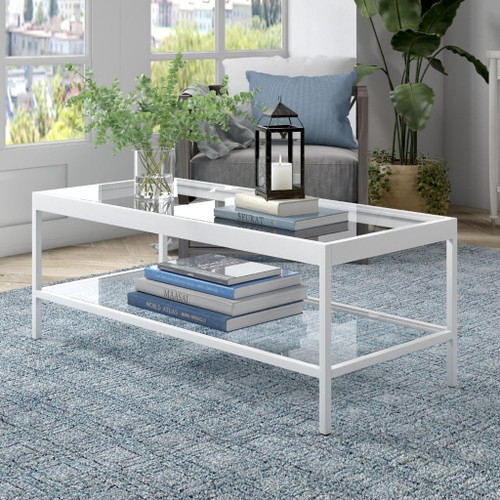homeroots living room 45" White and Glass Rectangular Coffee Table With Shelf  homeroots living room 45" White and Glass Rectangular Coffee Table With Shelf