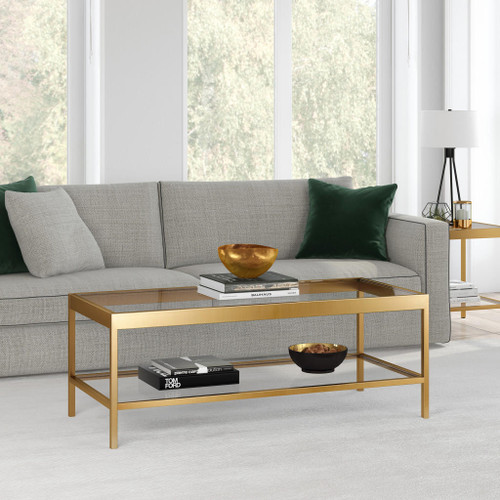 homeroots living room 45" Gold and Glass Rectangular Coffee Table With Shelf  homeroots living room 45" Gold and Glass Rectangular Coffee Table With Shelf