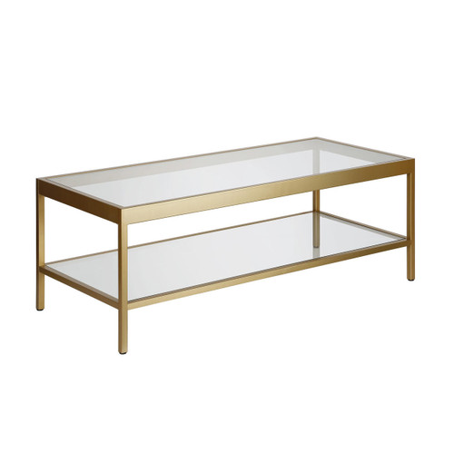 homeroots living room 45" Gold and Glass Rectangular Coffee Table With Shelf  homeroots living room 45" Gold and Glass Rectangular Coffee Table With Shelf