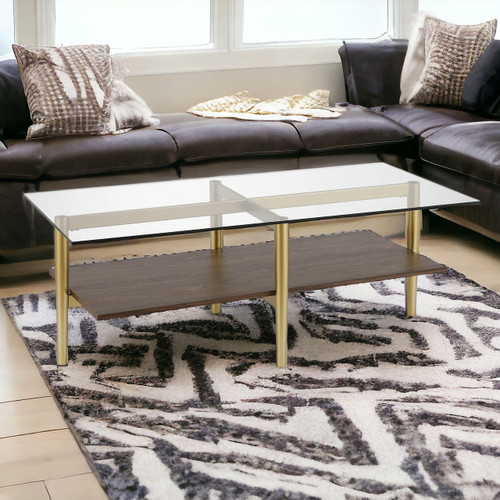 homeroots living room 47" Gold Glass and Walnut Rectangular Coffee Table With Shelf  homeroots living room 47" Gold Glass and Walnut Rectangular Coffee Table With Shelf