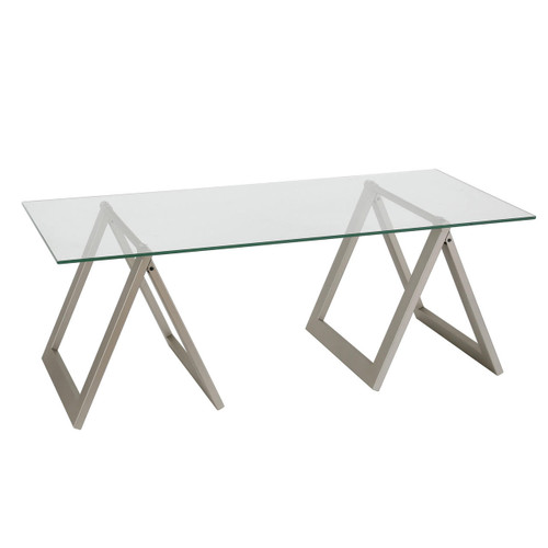 homeroots living room 46" Silver and Glass Rectangular Sawhorse Coffee Table  homeroots living room 46" Silver and Glass Rectangular Sawhorse Coffee Table