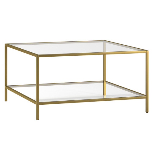 homeroots living room 32" Gold and Glass Square Coffee Table With Shelf  homeroots living room 32" Gold and Glass Square Coffee Table With Shelf