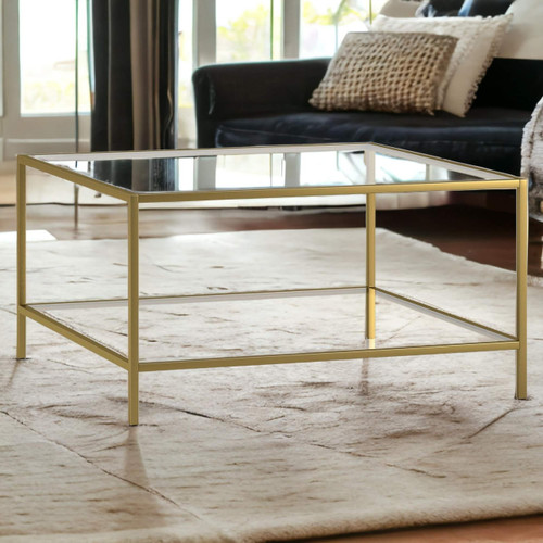 homeroots living room 32" Gold and Glass Square Coffee Table With Shelf  homeroots living room 32" Gold and Glass Square Coffee Table With Shelf