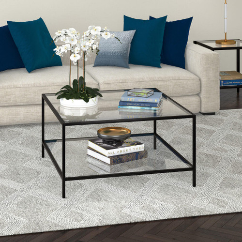 homeroots living room 32" Black and Glass Square Coffee Table With Shelf  homeroots living room 32" Black and Glass Square Coffee Table With Shelf