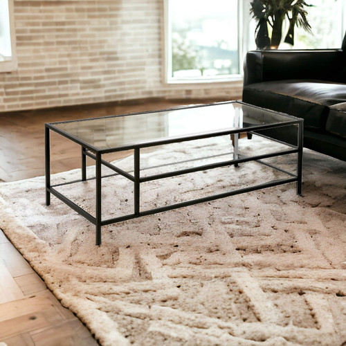 homeroots living room 46" Black Glass Rectangular Coffee Table With Two Shelves  homeroots living room 46" Black Glass Rectangular Coffee Table With Two Shelves