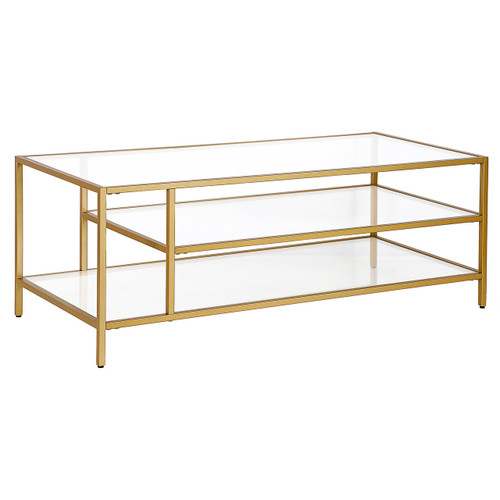 homeroots living room 46" Gold Glass Rectangular Coffee Table With Two Shelves  homeroots living room 46" Gold Glass Rectangular Coffee Table With Two Shelves