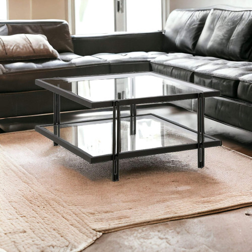 homeroots living room 32" Black Glass Square Coffee Table With Shelf  homeroots living room 32" Black Glass Square Coffee Table With Shelf