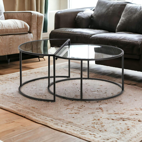 homeroots living room Set Of Two 33" Black Glass Half-Circle Nested Coffee Tables  homeroots living room Set Of Two 33" Black Glass Half-Circle Nested Coffee Tables