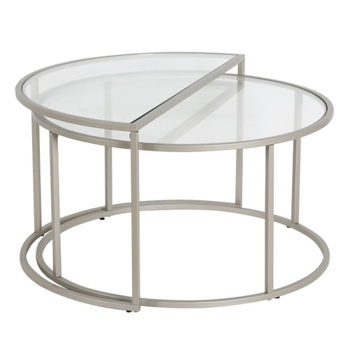 homeroots living room Set Of Two 33" Silver Glass Half-Circle Nested Coffee Tables  homeroots living room Set Of Two 33" Silver Glass Half-Circle Nested Coffee Tables