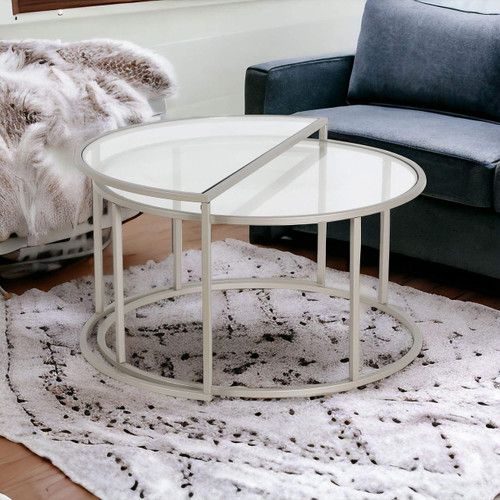 homeroots living room Set Of Two 33" Silver Glass Half-Circle Nested Coffee Tables  homeroots living room Set Of Two 33" Silver Glass Half-Circle Nested Coffee Tables