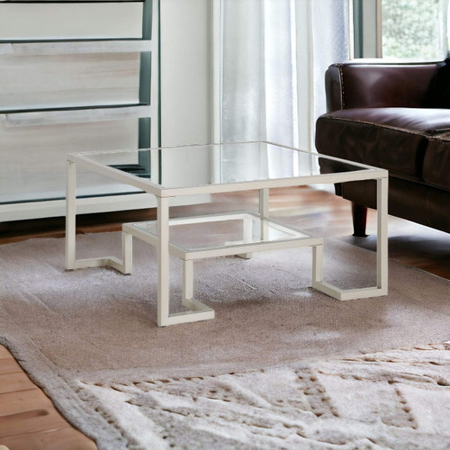homeroots living room 32" Silver Glass Square Coffee Table With Shelf  homeroots living room 32" Silver Glass Square Coffee Table With Shelf