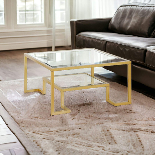 homeroots living room 32" Gold Glass Square Coffee Table With Shelf - CP-HMEROOTS-521033  homeroots living room 32" Gold Glass Square Coffee Table With Shelf - CP-HMEROOTS-521033