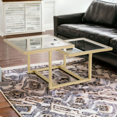 homeroots living room 43" Gold Glass Square Coffee Table With Two Shelves  homeroots living room 43" Gold Glass Square Coffee Table With Two Shelves