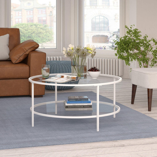 homeroots living room 36" White Glass Round Coffee Table With Shelf  homeroots living room 36" White Glass Round Coffee Table With Shelf