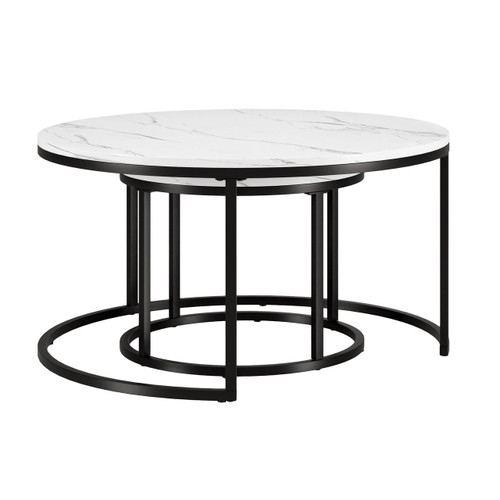 homeroots living room Set Of Two 35" Black And White Faux Marble Round Nested Coffee Tables  homeroots living room Set Of Two 35" Black And White Faux Marble Round Nested Coffee Tables