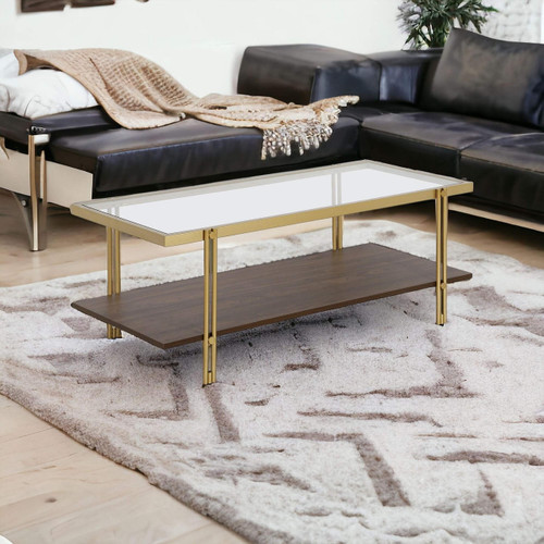 homeroots living room 45" Gold And Brown Glass Rectangular Coffee Table With Shelf  homeroots living room 45" Gold And Brown Glass Rectangular Coffee Table With Shelf