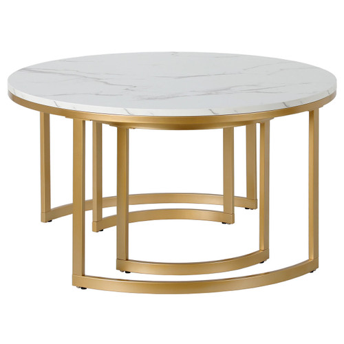 homeroots living room Set Of Two 36" Gold And White Faux Marble Round Nested Coffee Tables  homeroots living room Set Of Two 36" Gold And White Faux Marble Round Nested Coffee Tables