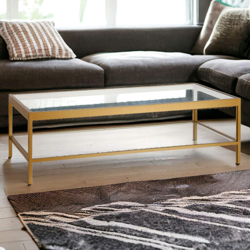 homeroots living room 54" Gold Glass Rectangular Coffee Table With Shelf  homeroots living room 54" Gold Glass Rectangular Coffee Table With Shelf