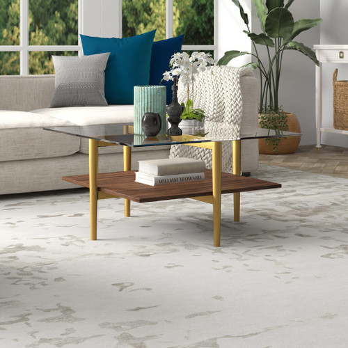 homeroots living room 32" Gold And Brown Glass Square Coffee Table With Shelf  homeroots living room 32" Gold And Brown Glass Square Coffee Table With Shelf