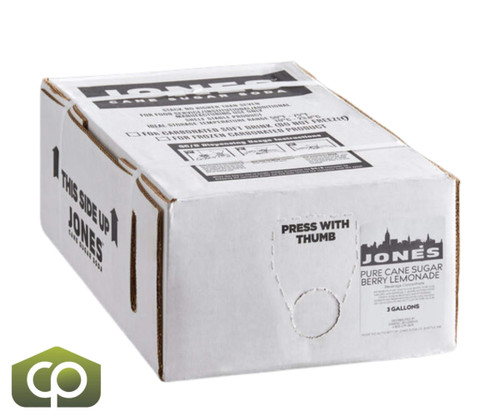 Jones Berry Lemonade Soda Syrup 3 Gallon Bag in Box - Sweet Lemon Flavor - Chicken Pieces