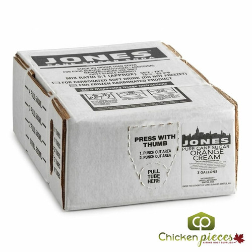 Jones Orange & Cream Soda Syrup 3 Gallon Bag in Box - Delicious Orange Flavor - Chicken Pieces