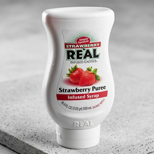 Real 16.9 fl. oz. Strawberry Puree Infused Syrup - Sweet Strawberry Flavor - Chicken Pieces