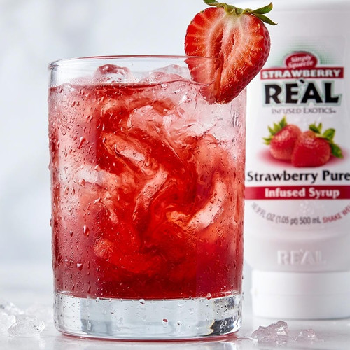 Real 16.9 fl. oz. Strawberry Puree Infused Syrup - Sweet Strawberry Flavor - Chicken Pieces