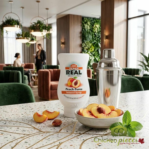 Real 16.9 fl. oz. Peach Puree Infused Syrup - Delicious Ripe Flavor - Chicken Pieces