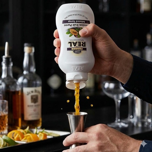 Real 16.9 fl. oz. Passion Fruit Puree Infused Syrup - Sweet Tropical Flavor - Chicken Pieces