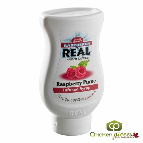 Real 16.9 fl. oz. Raspberry Puree Infused Syrup - Sweet and Tart Flavor - Chicken Pieces