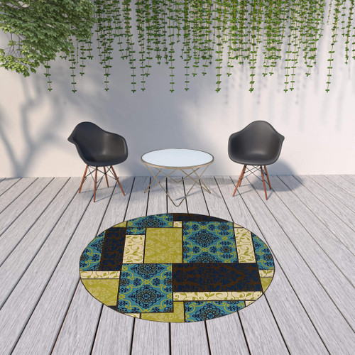 8' Brown Round Geometric Stain Resistant Indoor Outdoor Area Rug