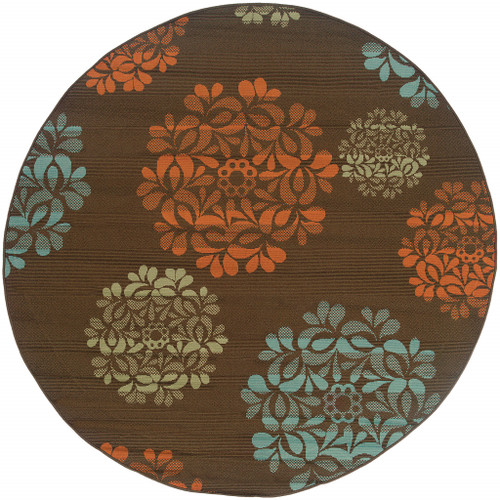 8' Brown Round Floral Stain Resistant Indoor Outdoor Area Rug - CP-HMEROOTS-507241