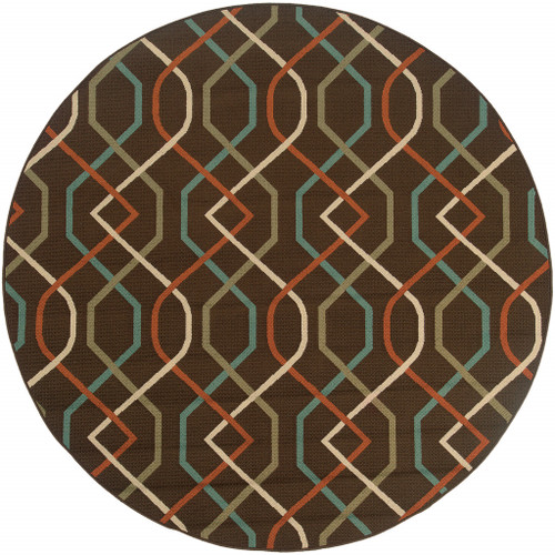 8' Brown Round Geometric Stain Resistant Indoor Outdoor Area Rug
