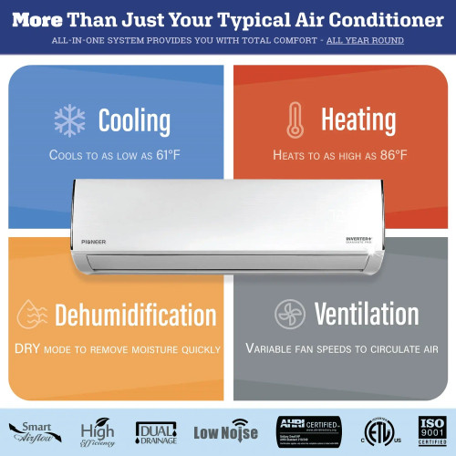 Pioneer® Diamante Pro Series 12,000 BTU 19 SEER2 Ductless Mini-Split Air Conditioner Inverter+ Heat Pump Full Set 115V with 16 Ft. Kit - Chicken Pieces