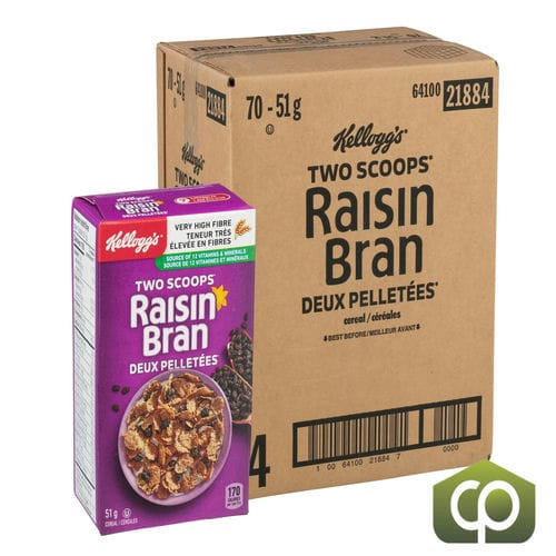 Kellogg's Raisin Bran Cereal 51g (70/Case) - Crispy Bran Flakes - 1.8 lbs   Kellogg's Raisin Bran Cereal 51g (70/Case) - Crispy Bran Flakes - 1.8 lbs