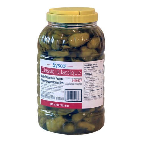 Sysco Classic Pepperoncini Whole 3.78L (2/Case) - 128 fl oz (16 lbs)   Sysco Classic Pepperoncini Whole 3.78L (2/Case) - 128 fl oz (16 lbs)