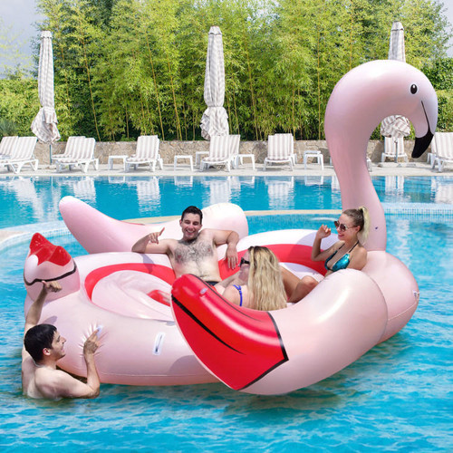 Chicken Pieces 6 People Inflatable Flamingo Floating Island with 6 Cup Holders for Pool and River 