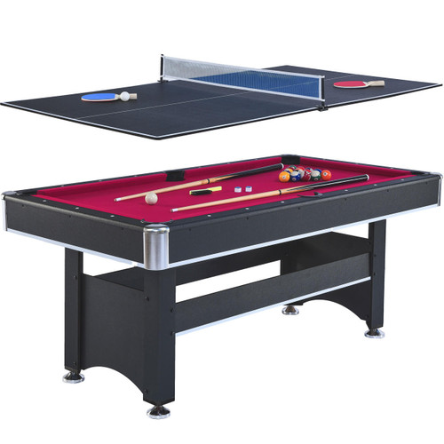 Chicken Pieces 6-ft Pool Table with Table Tennis Top - Black Frame with Red Felt - Dual-Function Game Table 