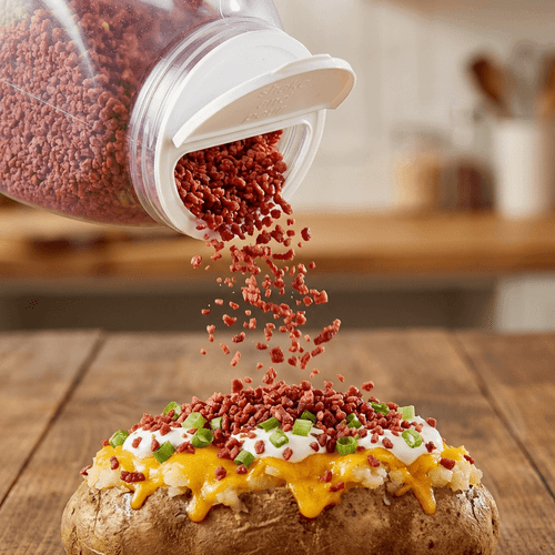 Crunchy imitation bacon bits topped on a loaded baked potato in a commercial kitchen.