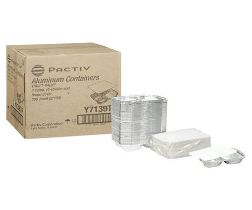 Chicken Pieces Pactiv Corp Pan Foil Oblong 3 Compartments With Lid High Dividers 29" (200/Case) 
