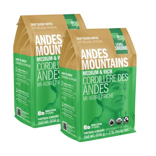 Level Ground Andes Mountains Medium Roast Organic Whole Bean Coffee 908g/2Lbs (2/Case)