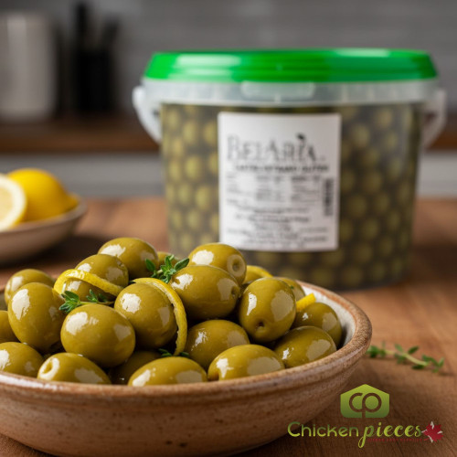 Bulk 10 lb pail of BelAria whole Castelvetrano olives with pits Traditional green Sicilian Castelvetrano olives for charcuterie Professional food service size whole green Italian olives -CHICKEN PIECES